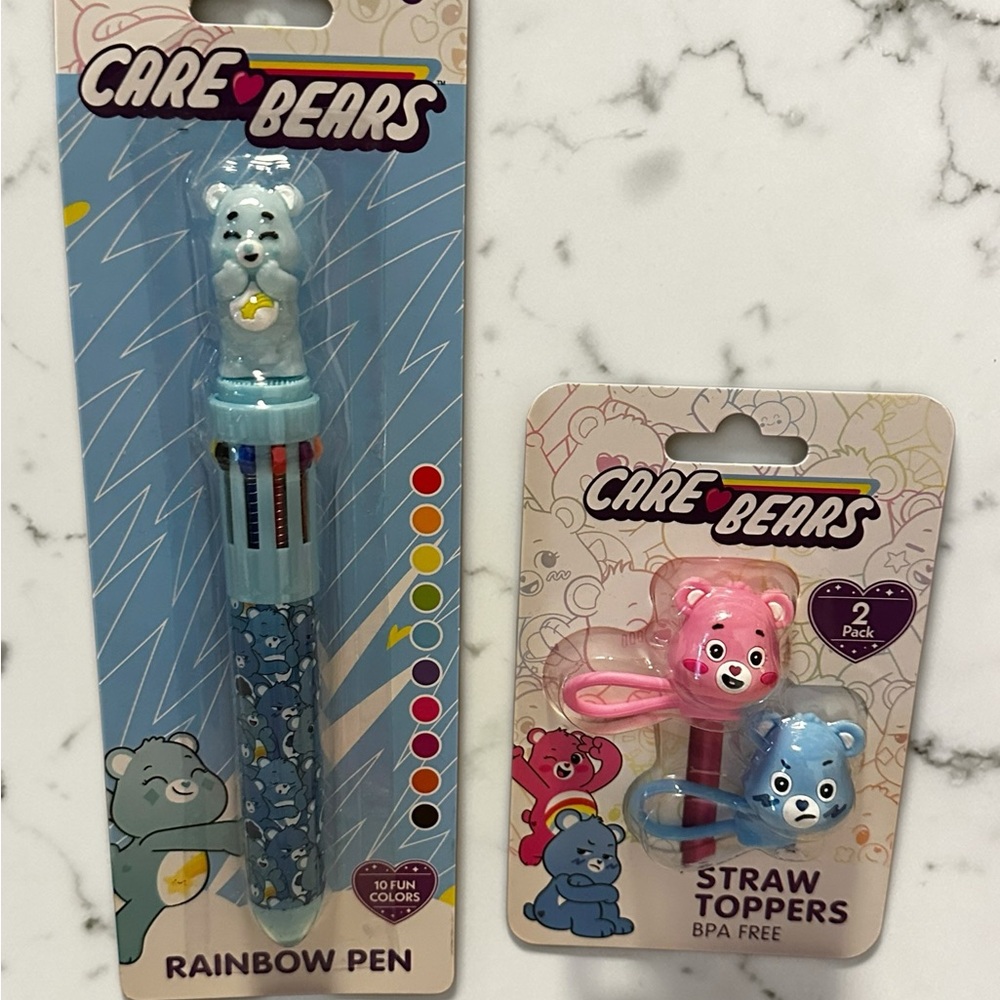 Care Bears Blue Rainbow pen w& Straw Toppers Set